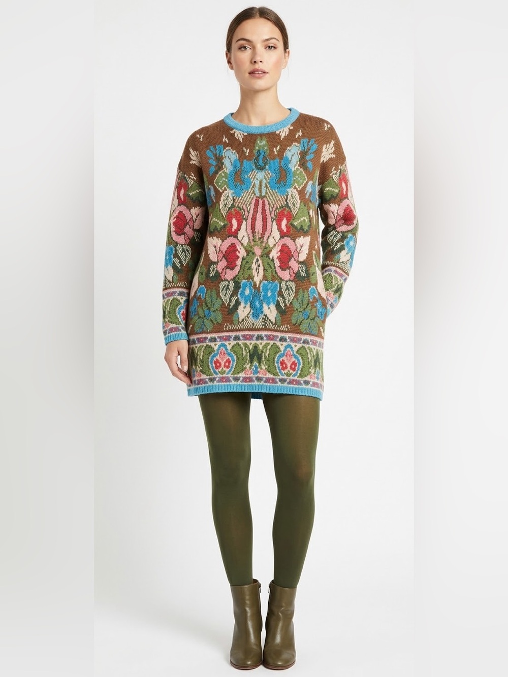 SPANNER Jacquard Crewneck Sweater in Brown/Pink/Blue Large floral Prnt Sze Large